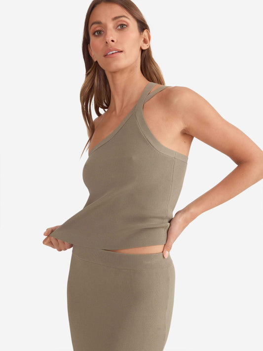 EVIE LUXE ASSYMETRIC KNIT TANK - OLIVE